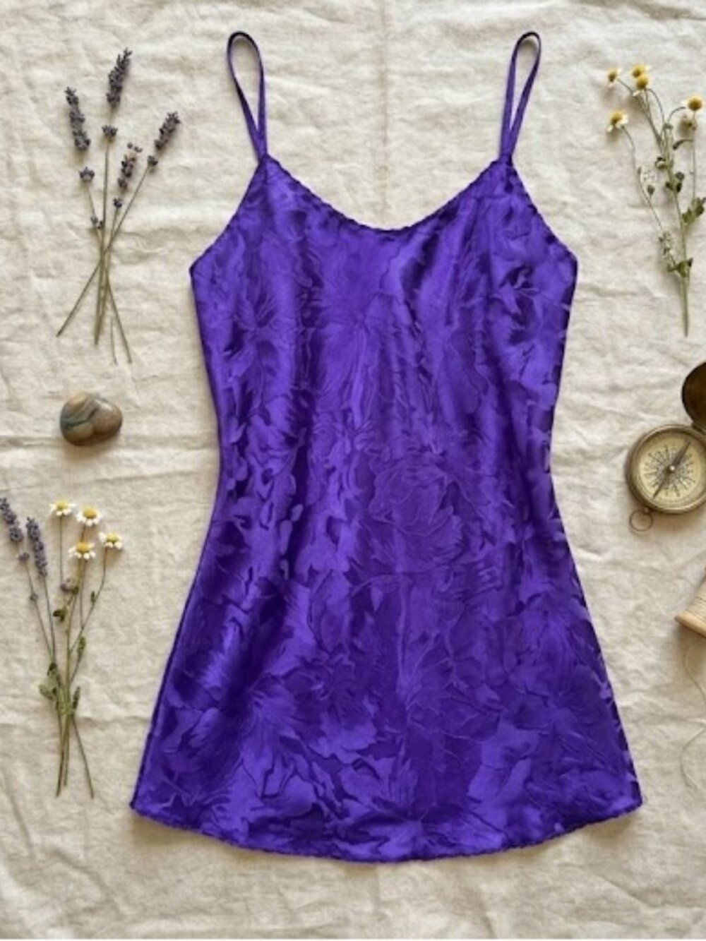 Vintage Purple Satin Slip Dress Floral Lingerie Women’s Small